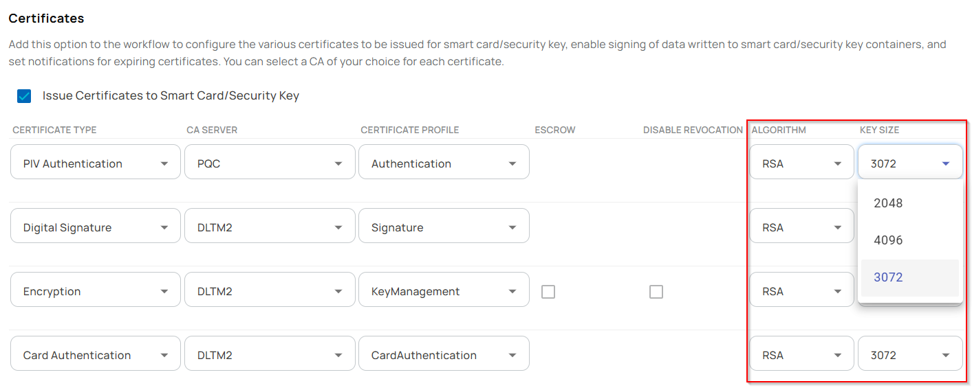 Workflow - Certificate Configuration with RSA 3K and 4K Algorithms