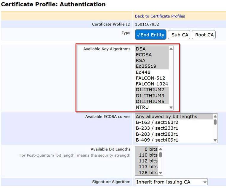 EJBCA Certificate Profile Configurations