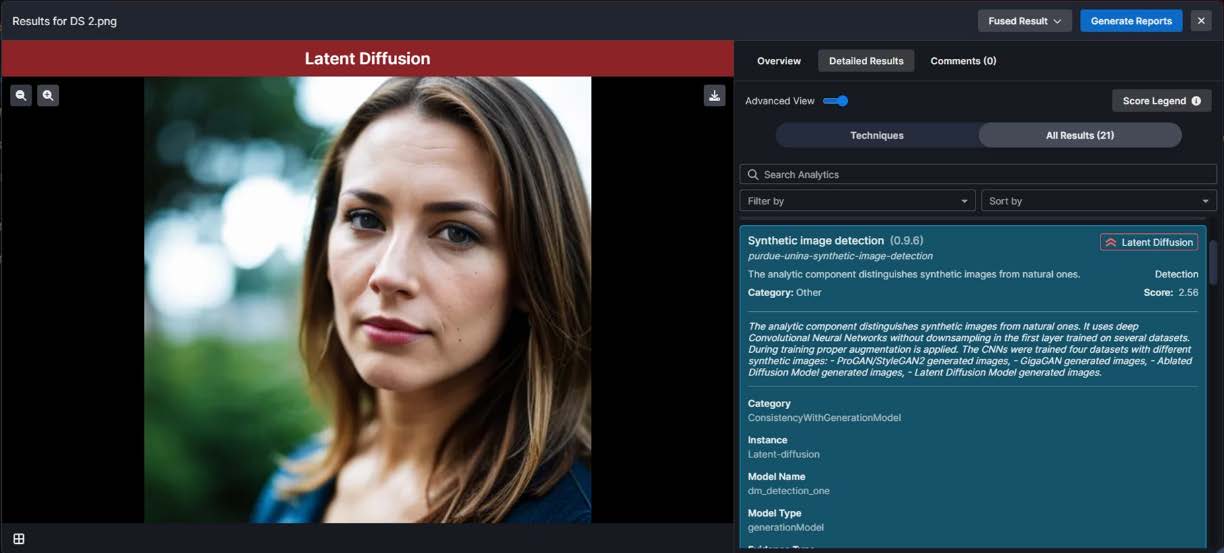 Results for an image analytic on a single generated image, displaying high confidence by the Detection Score that the image is synthetically generated. A detailed description of the analytic utility is highlighted above. This image required only a few seconds to process, but the runtime required varies based on factors such as analysis hardware capabilities, number of images and number of analytics run per batch.