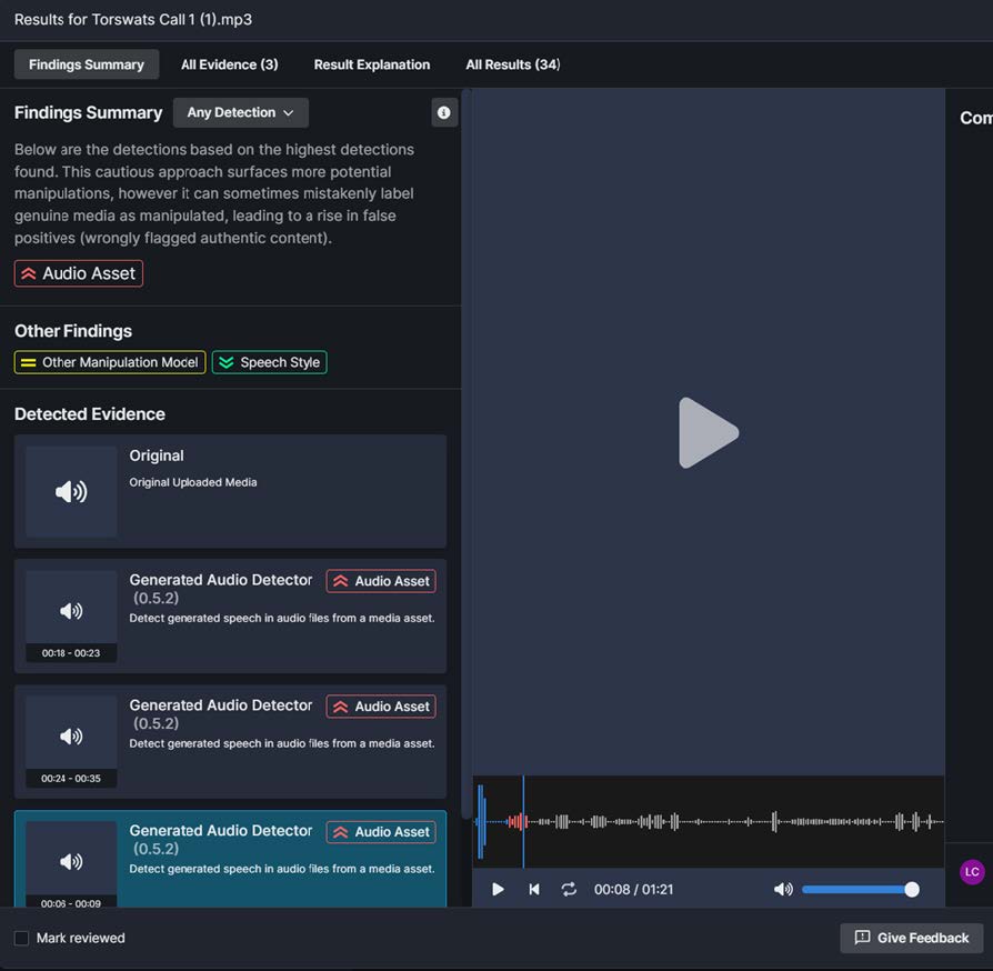Multiple algorithms analyze the audio and provide findings of generated audio, along with detailed information to assist the analyst in making an assessment. In the file-level findings illustrated above, the audio file is identified as manipulated by several analytics. The audio pattern in red indicates the portion of the audio identified as manipulated in the analysis.