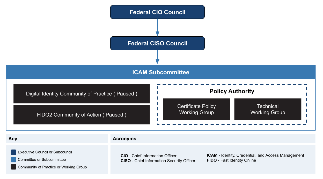 An organization chart of the FICAM Governance Bodies and Working Groups.