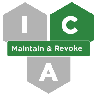 Three hexagons with the letters I, C, and A. The C is highlighted in green for Credential Management, with a green banner for the Maintenance and Revocation services.