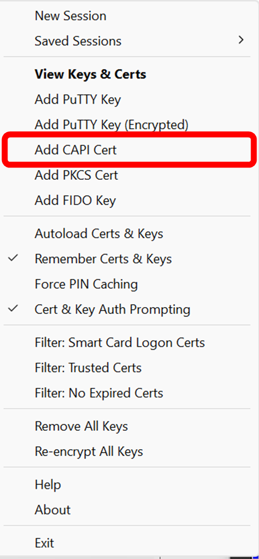 A screenshot showing Add CAPI Cert selected.