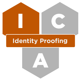 Three hexagons with the letters I, C, and A. The I is highlighted in orange for Identity Management, with an orange banner for the Identity Proofing service.