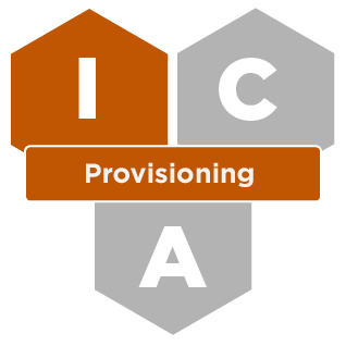 Three hexagons with the letters I, C, and A. The I is highlighted in orange for Identity Management, with an orange banner for the Provisioning service.