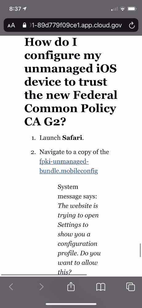 A video that shows the steps to install a mobile configuration file in the Safari web browser