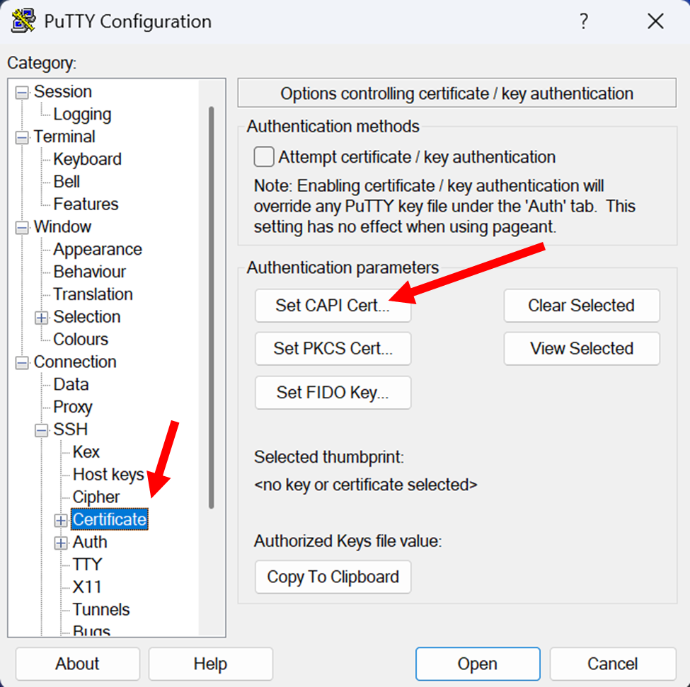 PuTTY configuration window.