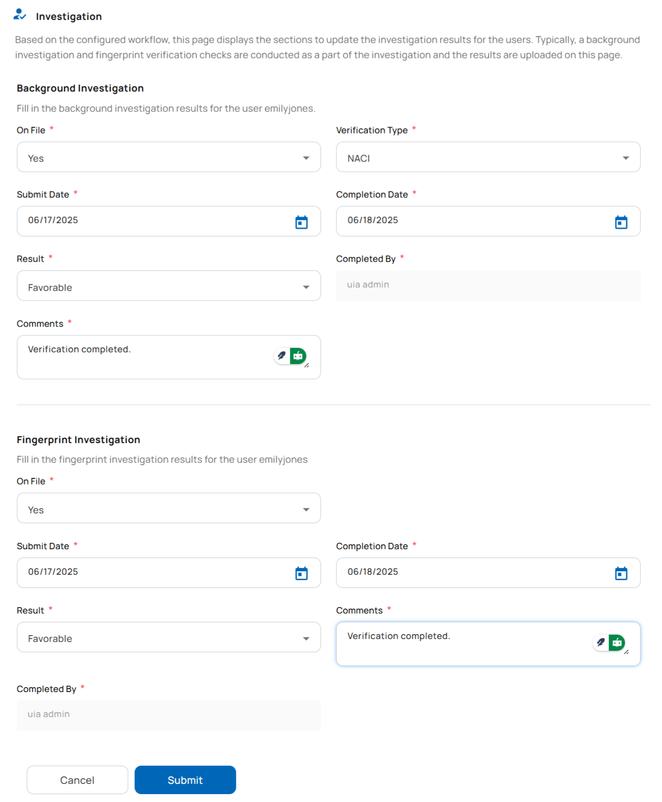 User Background Investigation Results Upload